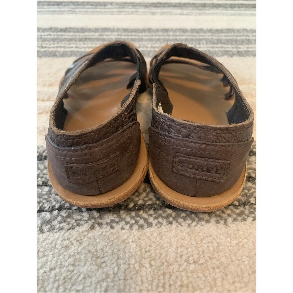Sorel Lake Shoe‎ Sandals Women's 6M Brown Leather Slip On Strappy Open Toe.